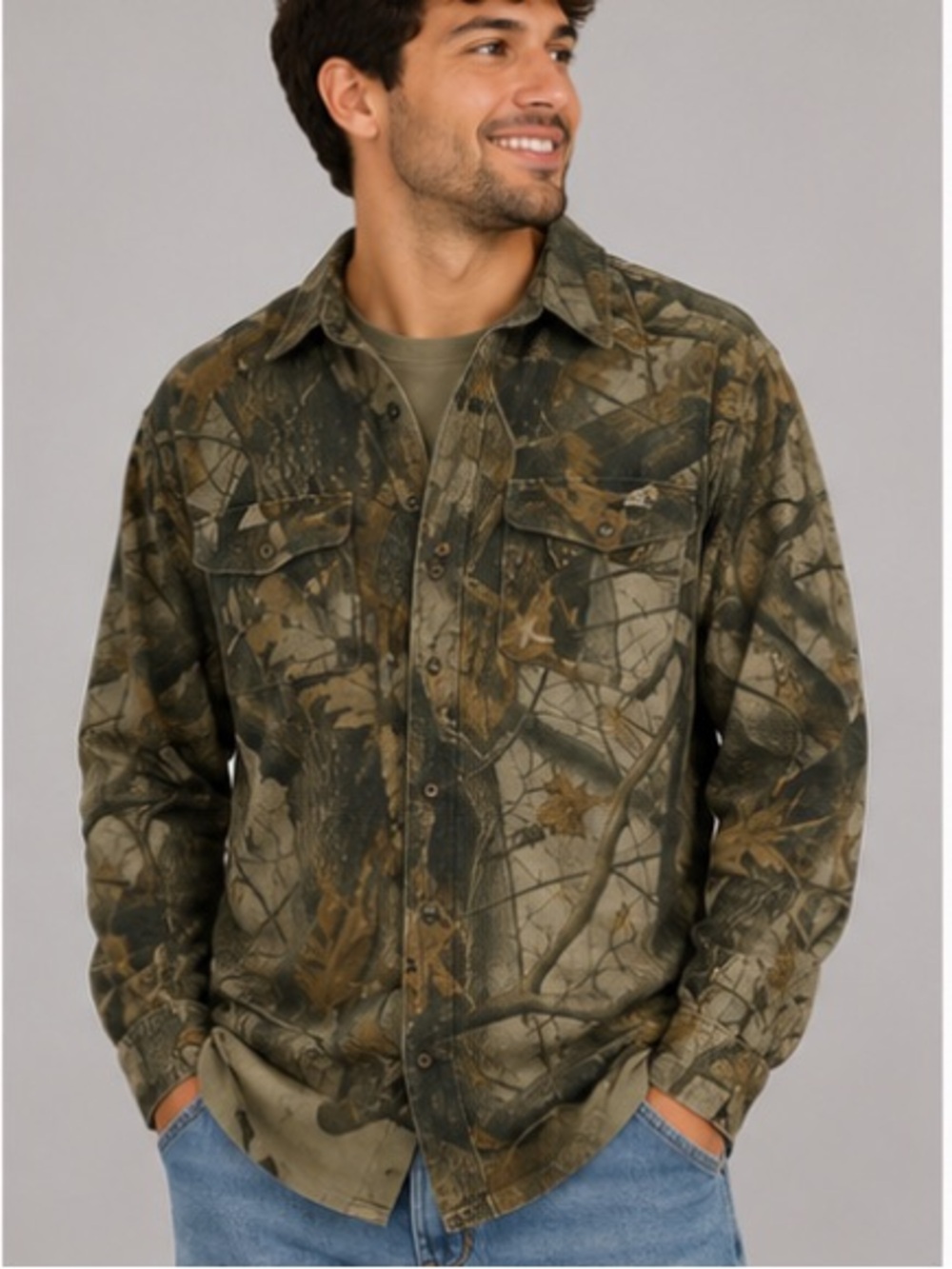 Large camo button front